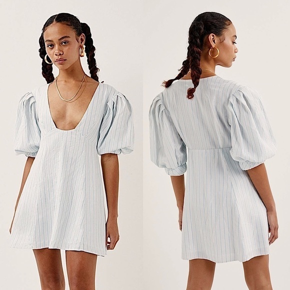 LOVE & LEMONS 90s Puff Short Sleeve Stripe Plunge Square Neck Babydoll Dress XS - Picture 3 of 5